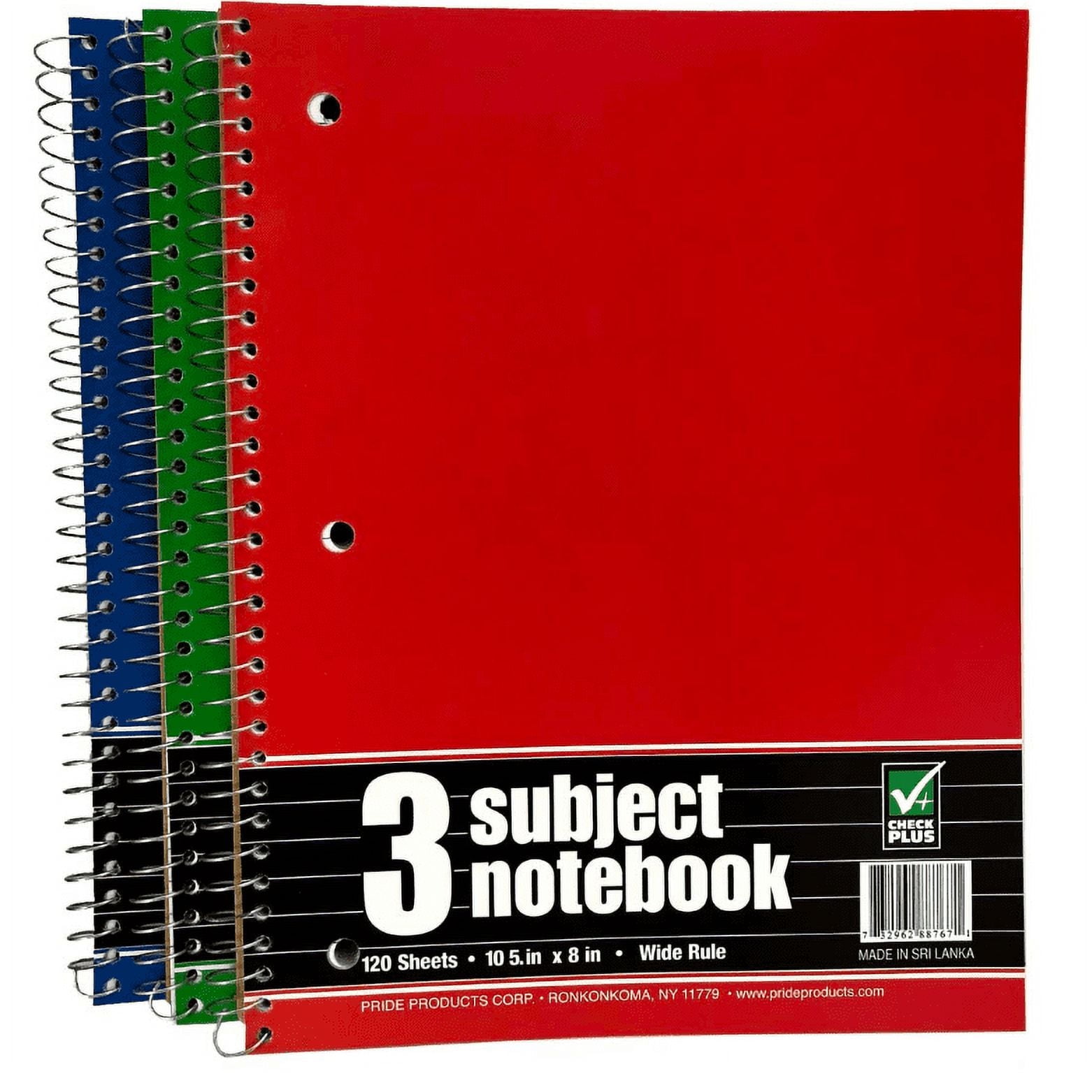 Check Plus Spiral Notebook 120 Sheets 10.5 x 8 in WIDE Rule 3 Subjects ASTD COLORS x 3 BOOKS by SBD