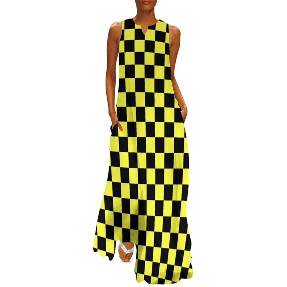 Check Print Dress Black and White Contrast Maxi Dress Aesthetic Casual Long Dresses Summer Sleeveless Custom Vestido Big Size