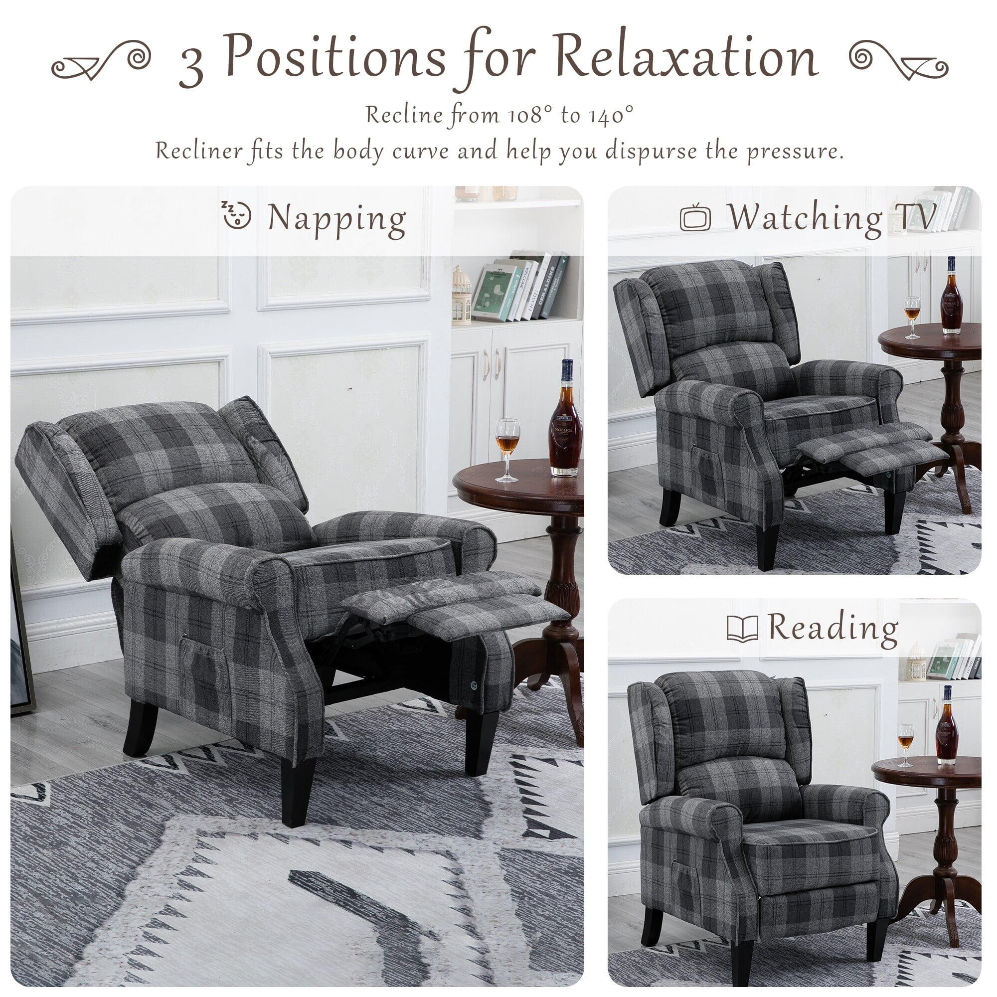 Grey check recliner chair discount