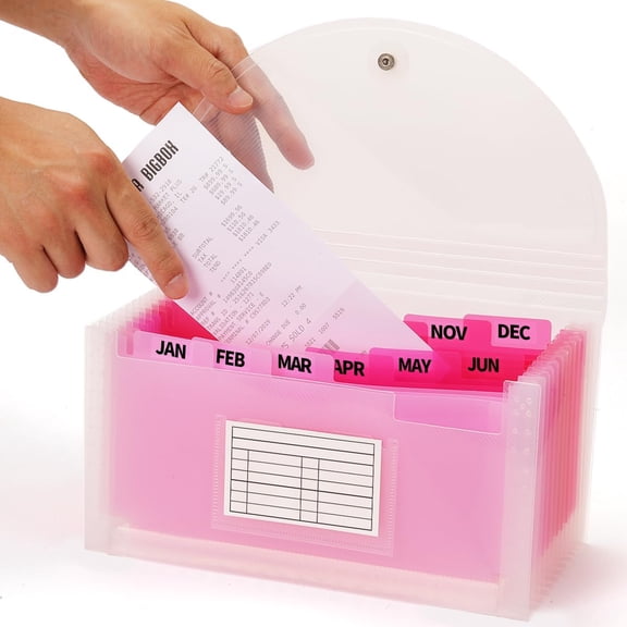 13 Pocket Expanding File Folder 10x5.5x1 Inch, Check Size Coupon Receipt Organizer with A-Z Labels, Waterproof PP – Pink