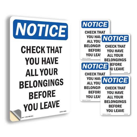 Check That You Have All Your Belongings OSHA Notice Vinyl Decal Label 5 Inch x 3.5 Inch - 5 Pack