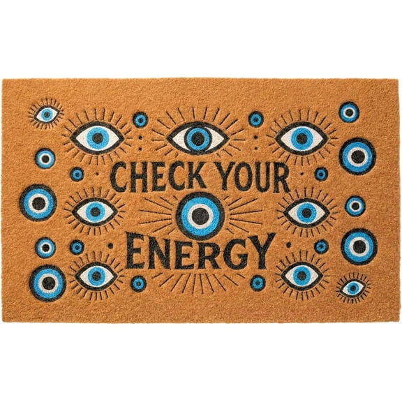 Check Your Energy with Evil Eye 30" x 18" Faux Coir Welcome Mat, Non-Slip Rubber Backing, Waterproof & Durable