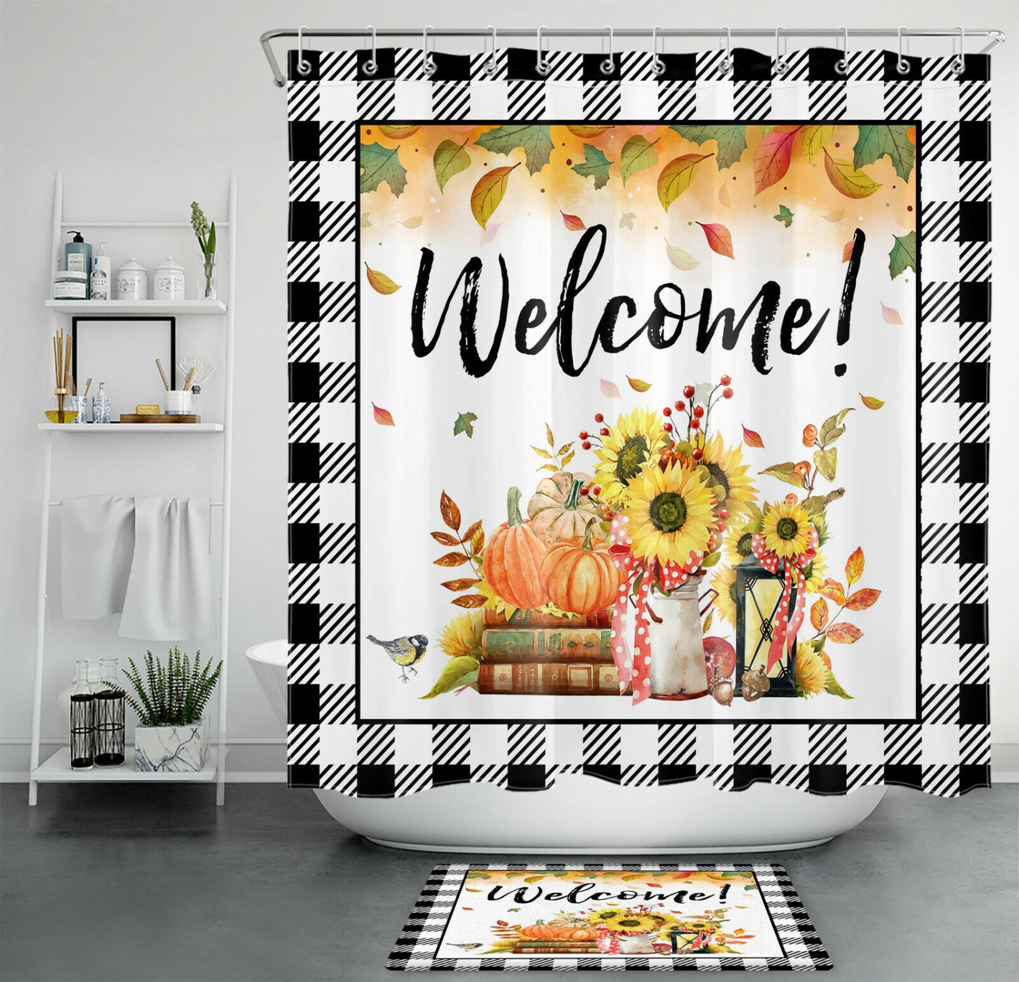 Check out our Black & White Pumpkin Sunflower Shower Curtain Set for