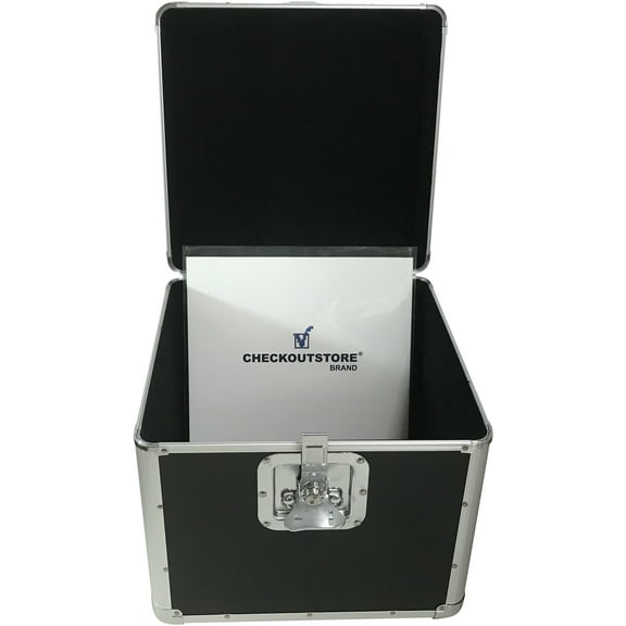 CheckOutStore Black Aluminum 12" LP Vinyl Record Storage Box (Holds Up to 100 Records)