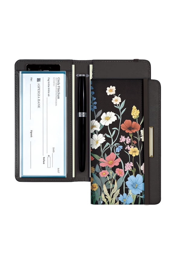 Checkbook Cover for Personal Checkbook Leather Checkbooks Holder 18x10.5cm Flower Duplicate Checks with Pen Holder and Cards Slots