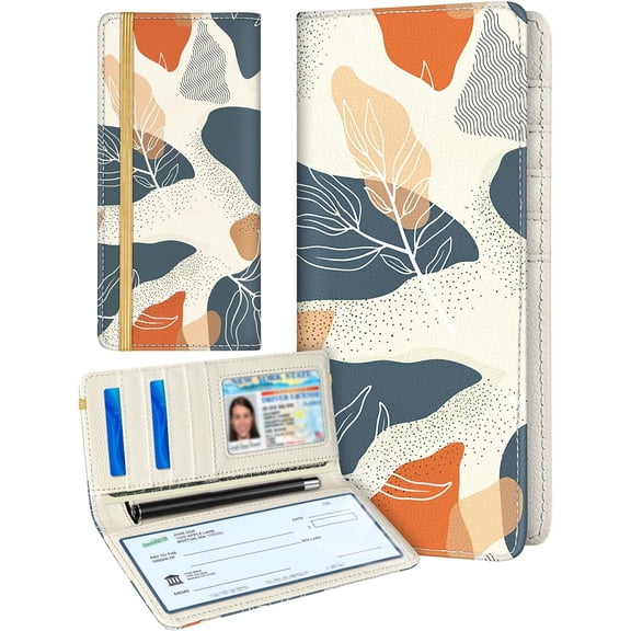Checkbook Cover for Personal Duplicate Checks - Leather Check Book Wallet Holder for Women Leaves Print Top Stub