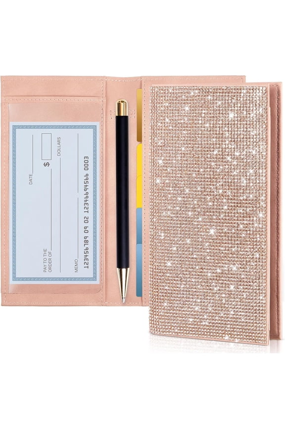 A Checkbook Covers for Women Glitter Personal Checkbook with Duplicate Check Gift for Christmas Bling Rhinestone Sparkly Rose Gold Rfid Blocking PU Leather Register Wallet with Pen Insert and Divider