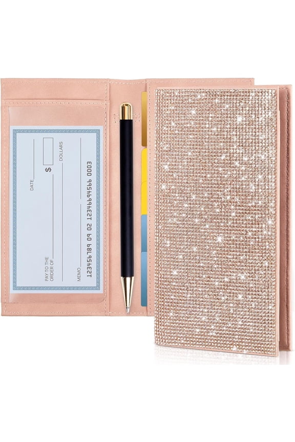 Checkbook Covers for Women Glitter Personal Checkbook with Duplicate Check  Mother's Day Bling Rhinestone Sparkly Rose  Rfid Blocking PU Leather Register Wallet with Pen Insert and Divider