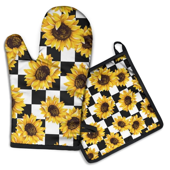 Checke Sunflower Kitchen Oven Mitt and Pot Holder Sets 2 Pcs for Baking, Cooking and Grilling, Heat Resistant Up To 392 °F