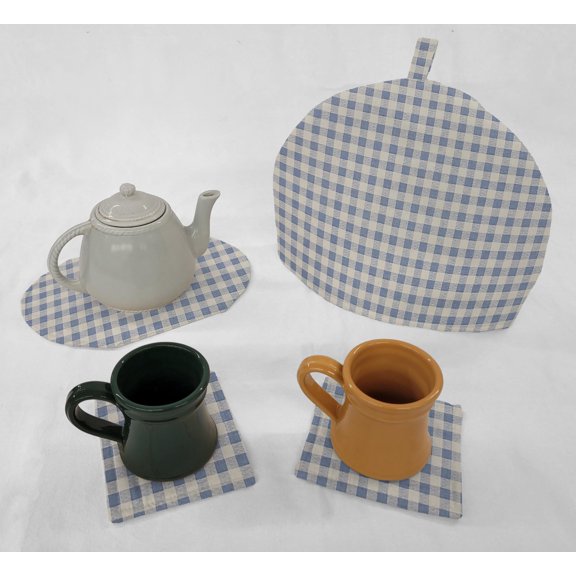 Checked Gingham Tea Pot Cozy & Coaster Set (Light Blue)
