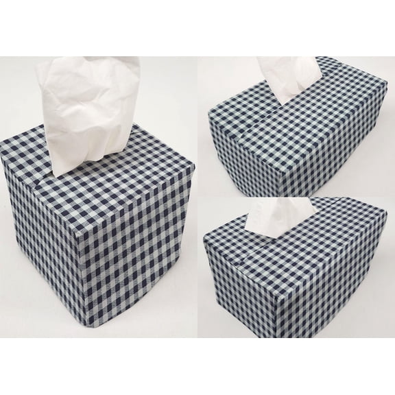 Checked Gingham Tissue Box Cover by Penny's Needful Things (Cube) (Navy Blue)