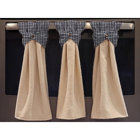 Checked Gingham Wraparound Snap Hanging Towels (Set of 2) by Penny's Needful Things (Navy Blue) (Terrycloth Color: Off White)