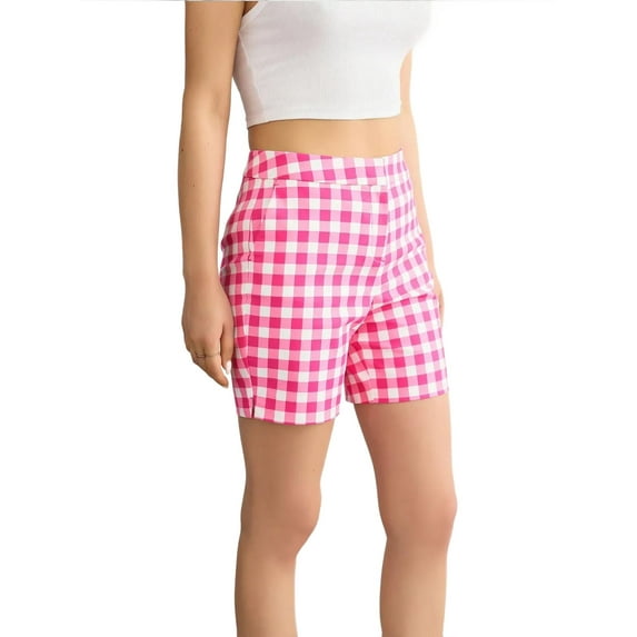 Checked High-Waist Elastic Waist Shorts