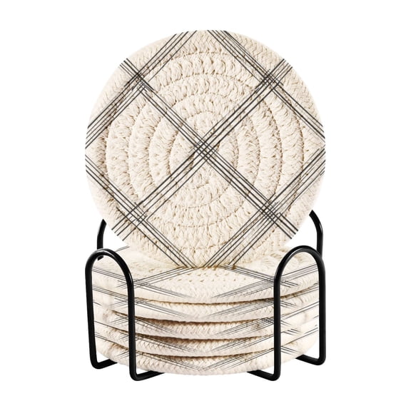 Checked Line Design 4in Bar Coasters Set of 6 with Storage Rack Durable Heat Resistant
