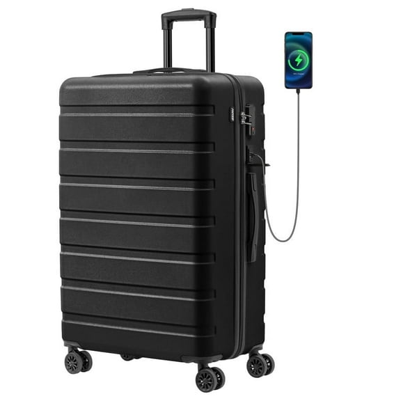 Checked Luggage PC ABS Hardside Suitcase with wheels USB Port Lightweight Luggage with TSA Lock 28 inch Black