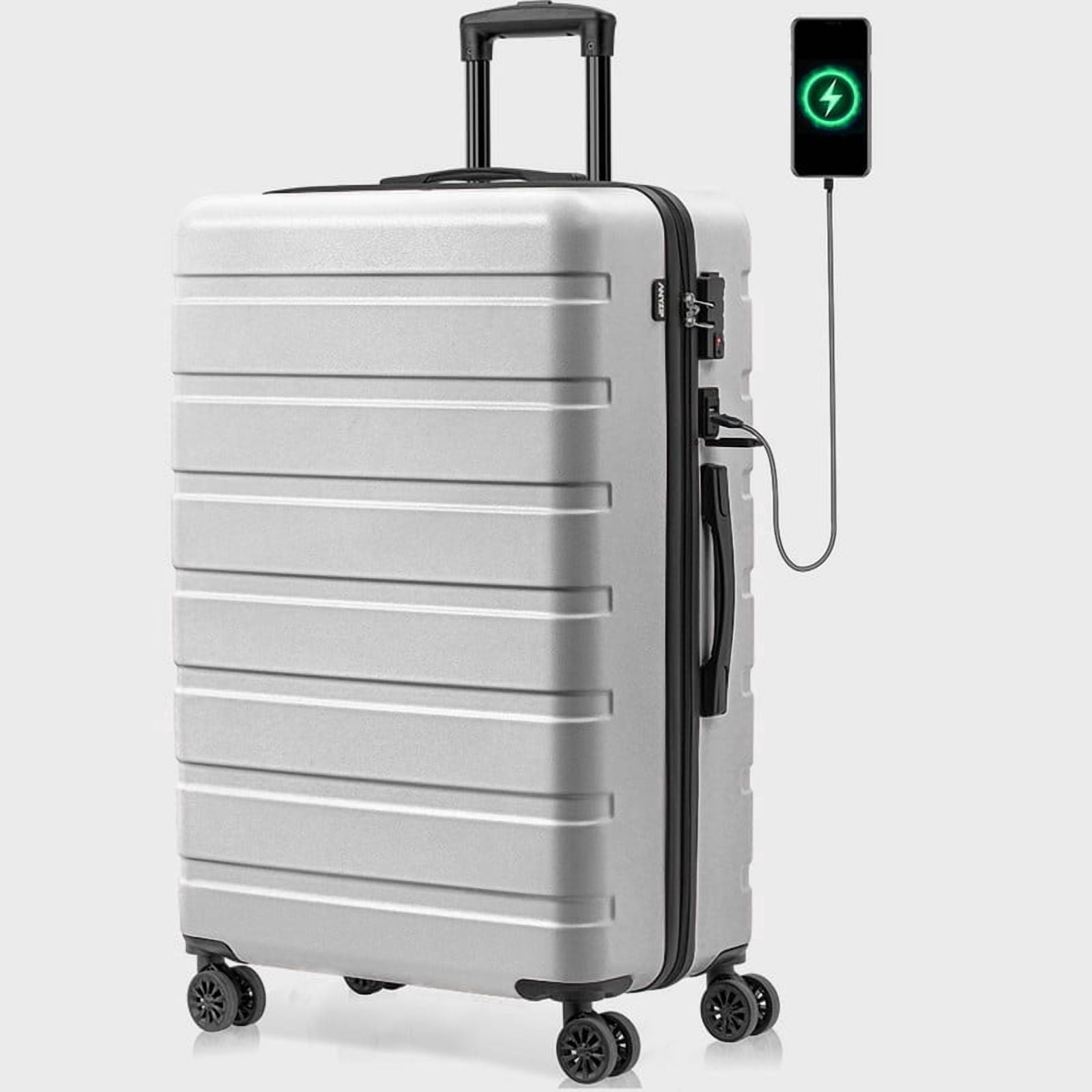 Checked Luggage PC ABS Hardside Suitcase with wheels USB Port Lightweight Luggage with TSA Lock 28 inch Silver