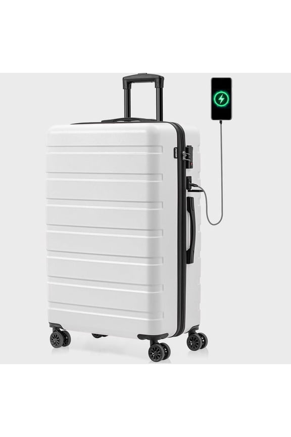 Checked Luggage PC ABS Hardside Suitcase with wheels USB Port Lightweight Luggage with TSA Lock 28 inch White