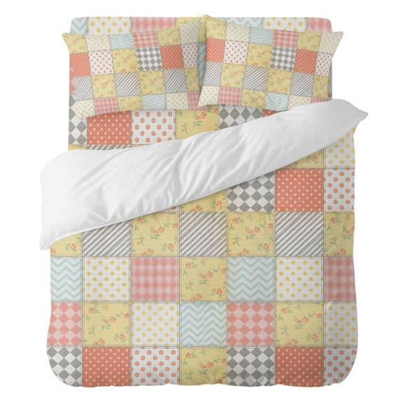 Checked Squares Bedding Duvet Cover Set California King Size 4 Pieces, Farmhouse Pink Beige Rustic Gingham Patchwork Plaid Bedding Set, 1 Comforter Cover 96x104 Inches 1 Flat Sheet & 2 Pillow Cases