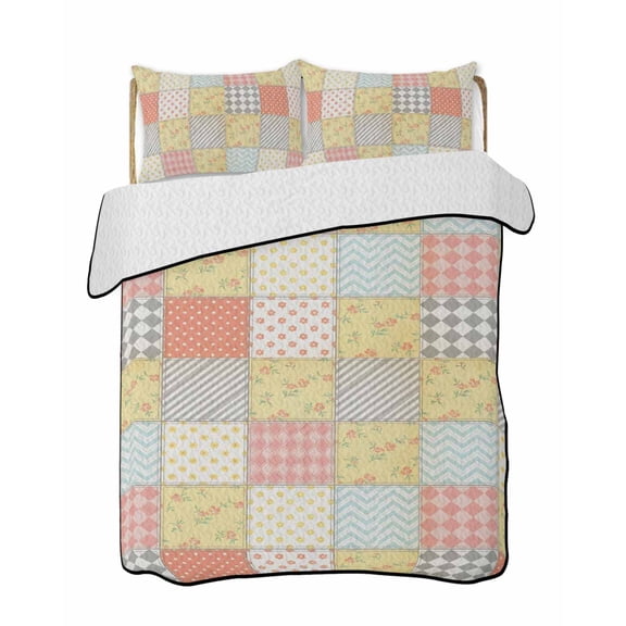 Checked Squares Quilts Bedding Set California King Farmhouse Pink Beige Rustic Gingham Patchwork Plaid Lightweight Quilted Bedspread 3 Piece Bed Quilt with 2 Pillow Shams for Bedroom 96" x 106"
