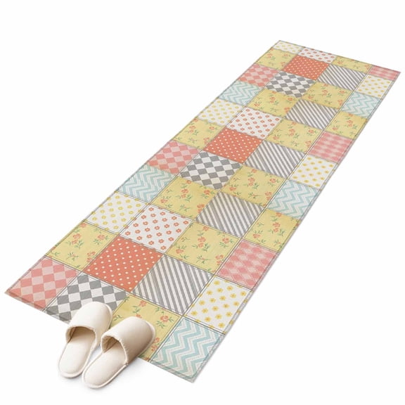 Checked Squares Washable Runner Rugs 2'x6', Farmhouse Pink Beige Rustic Gingham Patchwork Plaid Low Pile Throw Entryway Rug Non-Slip Sturdy Edge Binding Carpet for Indoor Bedside Entrance Bedside