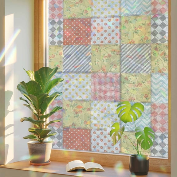 Checked Squares Window Privacy Film, Farmhouse Pink Beige Rustic Gingham Patchwork Plaid Stained Glass Rainbow Film Decorative Window Clings, Static Cling Sun Blocking Stickers 17.7" x 39.3"