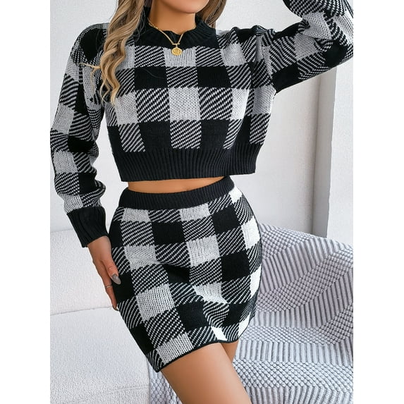 Checked Woollen Top & Skirts Co-Ords (L, Black)