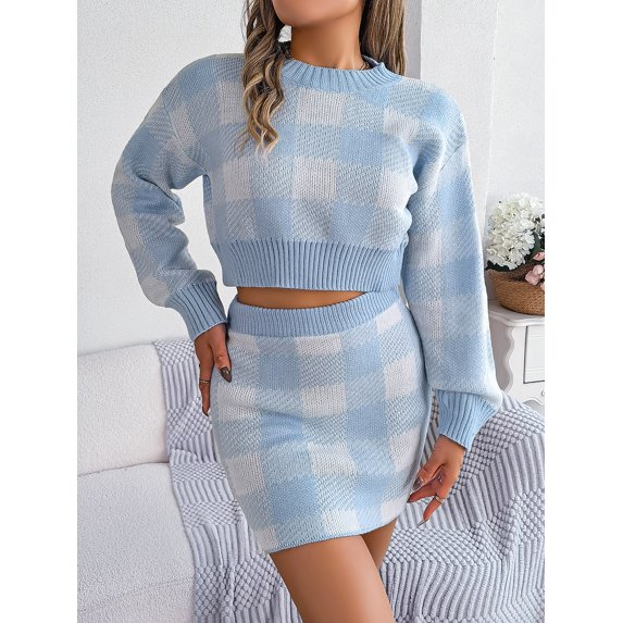 Checked Woollen Top & Skirts Co-Ords (L, Blue)