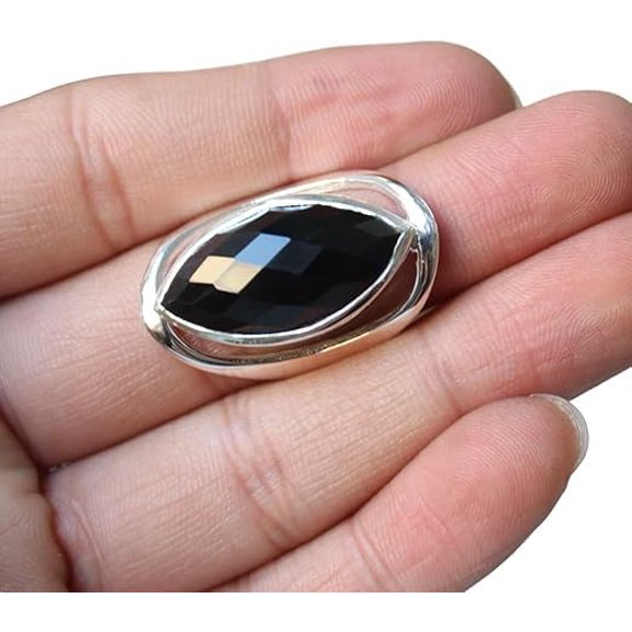 Checker Black Onyx Gemstone Ring, Natural Black Onyx Marquise Shape Ring, Black Onyx Boho Ring, December Birthstone, Womens Ring, 925 Sterling Silver, Bohemian Ring, Designer Handmade Jewelry