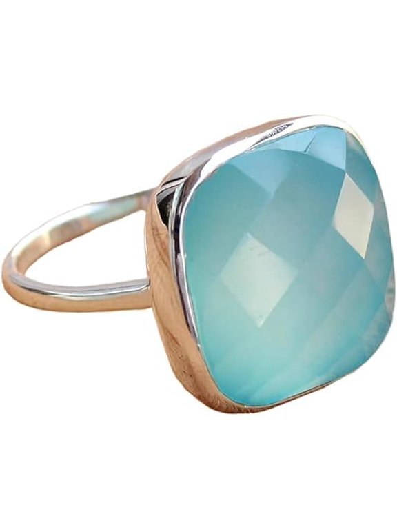 Checker Chalcedony Gemstone Ring, Natural Aqua Chalcedony Ring, Aqua Chalcedony Boho Ring, Genuine Birthstone, Women Ring, 925 Solid Silver, Bohemian Ring, Designer Handmade Jewelry, Big Stone Ring