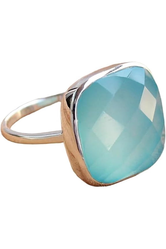 Checker Chalcedony Gemstone Ring, Natural Aqua Chalcedony Ring, Aqua Chalcedony Boho Ring, Genuine Birthstone, Women Ring, 925 Solid Silver, Bohemian Ring, Designer Handmade Jewelry, Big Stone Ring