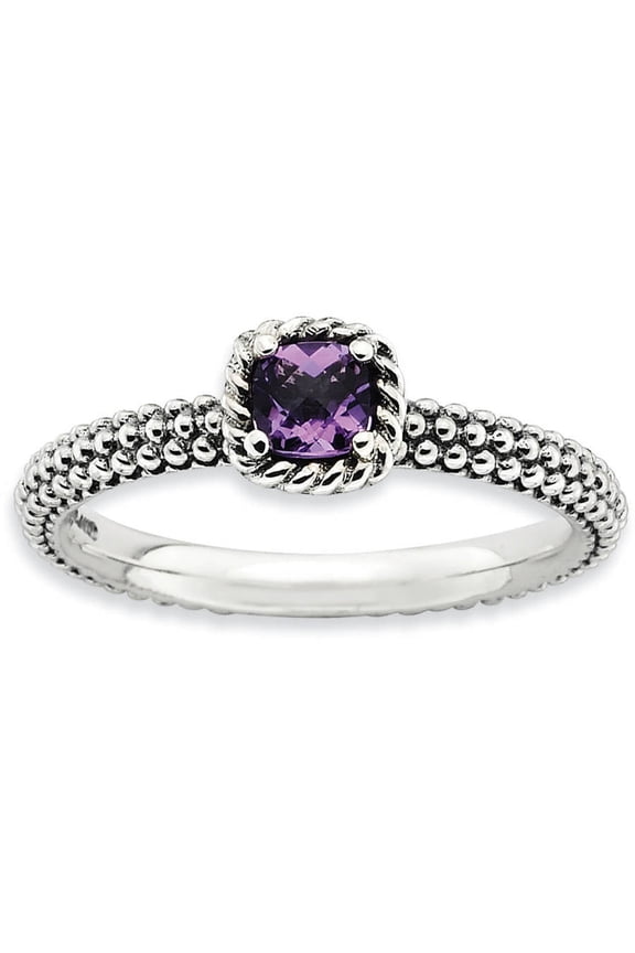 Checker-Cut Amethyst Sterling Silver Antiqued Ring