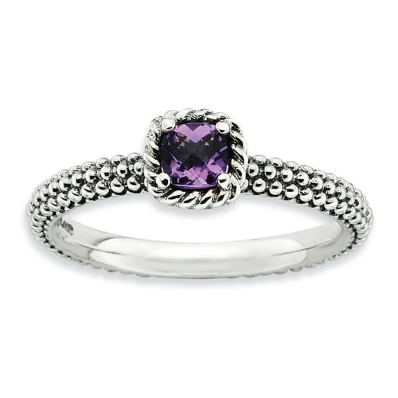 Checker-Cut Amethyst Sterling Silver Antiqued Ring