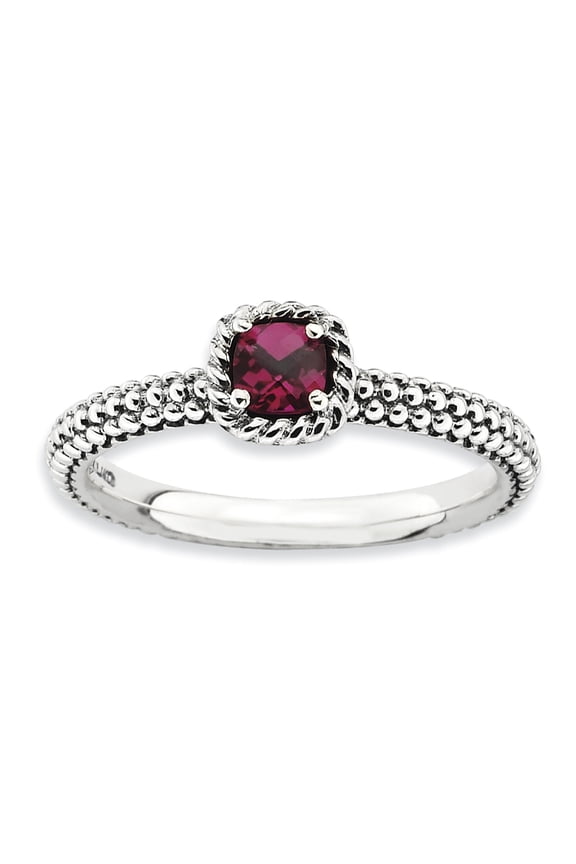 Checker-Cut Created Ruby Sterling Silver Antiqued Ring