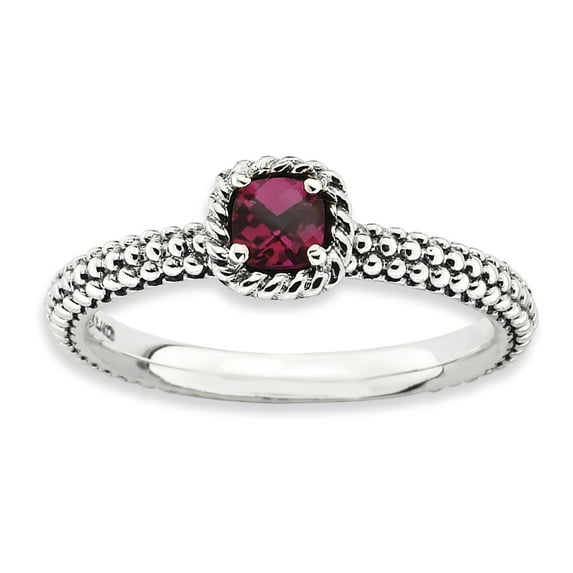 Checker-Cut Created Ruby Sterling Silver Antiqued Ring