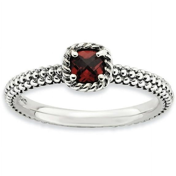 Checker-Cut Garnet Sterling Silver Antiqued Ring