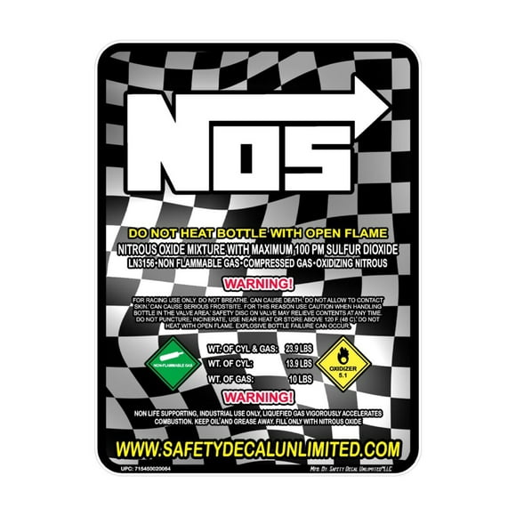 Checker Flag NX NOS NO Racing Nitrous Oxide Bottle Replacement Refill Peel and Stick Label Decal Sticker Sign 2 5 10 15 20lb Made in America (Non-Laminated 10LB) (NOS)