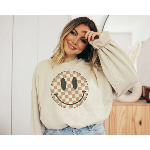 Checker Happy Face Crew Neck Sweatshirt | Fall Sweater | Gift for Her | Gift under 30 | Crewneck | Fall Pullover | Retro Shirt