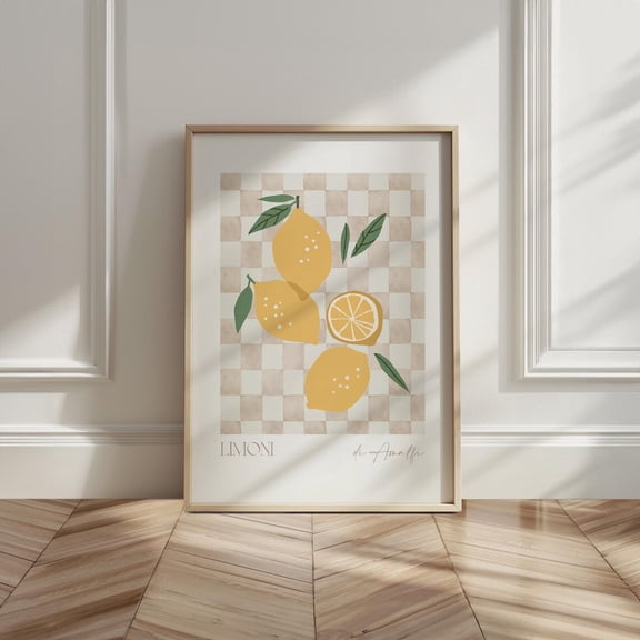 Checker Lemon Poster Neutral Kitchen Wall Art Fruit Decor, Stretched Canvas 16x20in