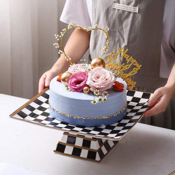 Checker Pattern 13-inch Cake Stand, Elegant Gold Trim Porcelain Dessert Platter for Weddings and Parties