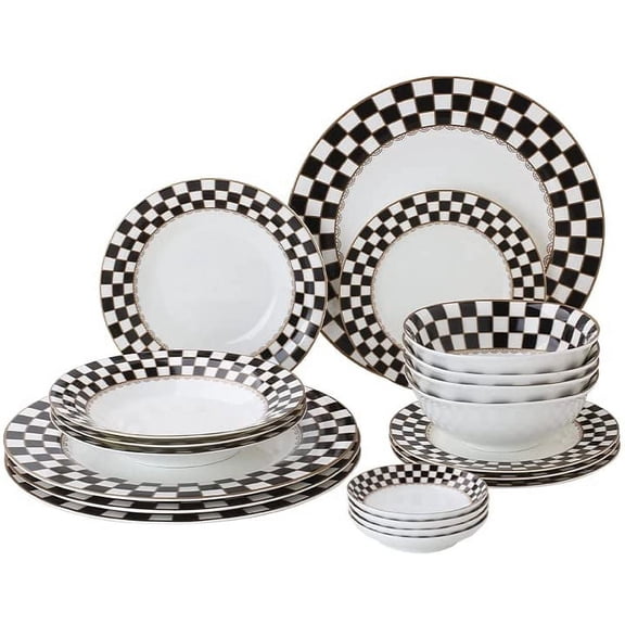 Checker Pattern 20-piece Round Dinnerware Set for 4, Porcelain Dinner Sets