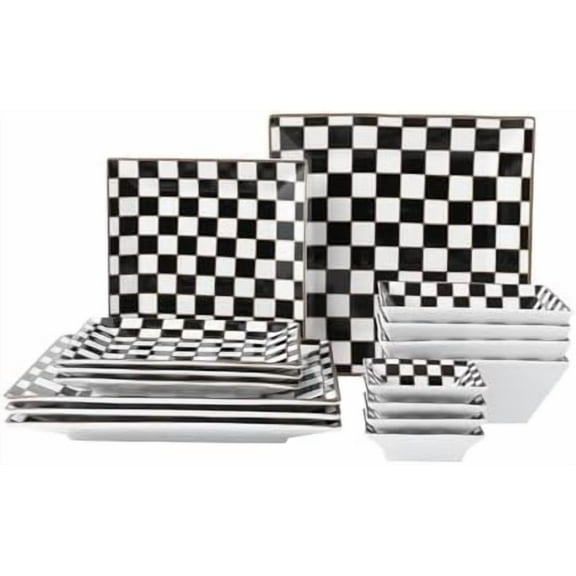g Checker Porcelain Square Dinnerware Set for 4, Dishes Set for 4 with 3.3-inch Dipping Saucers, Black and White Plates and Bowls Set