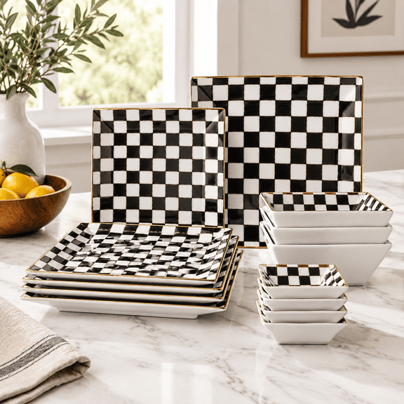 Checker Porcelain Square Dinnerware Set for 4, Black and White Plates with Dipping Saucers