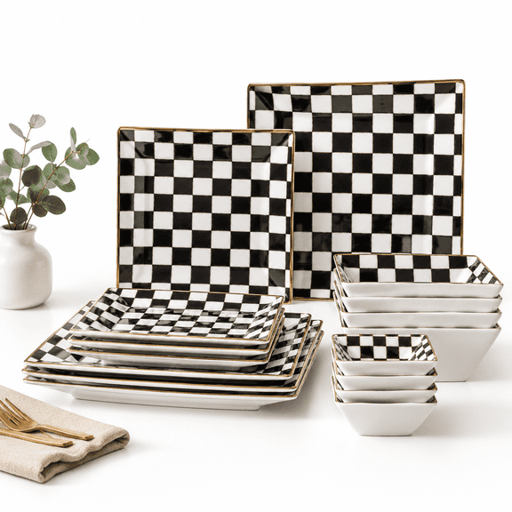 Checker Porcelain Square Dinnerware Set for 4, Black and White Plates with Dipping Saucers