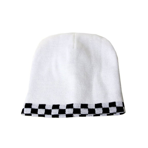 Checker Taxi Rimmed Cuffless Beanie Hat (White)