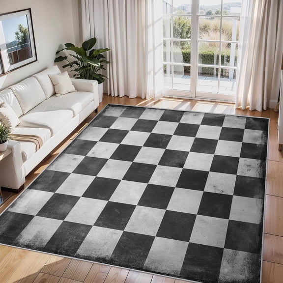 Checkerboard Area Rug Black White Chess Pattern Carpet Washable Non Slip Soft Living Room Bedroom Entrance Mat 2x3ft