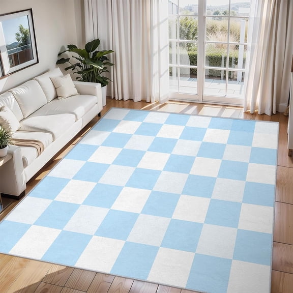 Checkerboard Area Rug Blue White Plaid Pattern Carpet Washable Non Slip Soft Living Room Bedroom Entrance Mat 2x3ft