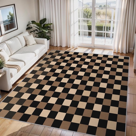 Checkerboard Area Rug Brown Black Plaid Pattern Carpet Washable Non Slip Soft Living Room Bedroom Entrance Mat 2x3ft