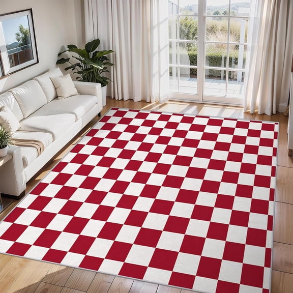 Checkerboard Area Rug Red White Chess Pattern Carpet Washable Non Slip Soft Living Room Bedroom Entrance Mat 2x3ft