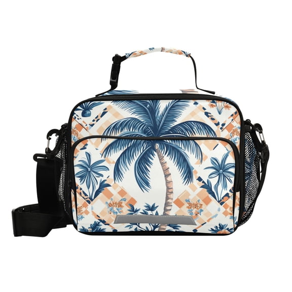 Checkerboard Background Palm Trees Flowers Insulated Lunch Bag Portable Cooler Bag Mommy Bag Large Capacity 6L