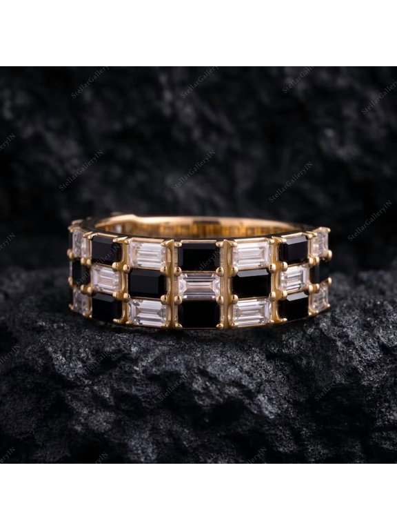 Checkerboard Baguette Ring, Black Onyx and Moissanite Statement Ring, Art Deco Wide Band, Yellow Gold Plated Silver Alternative Wedding Ring